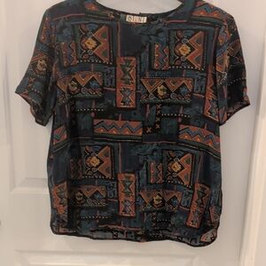 Vintage Stunt Collection Colorful Geometric Print Short Sleeve Silk Top Blouse